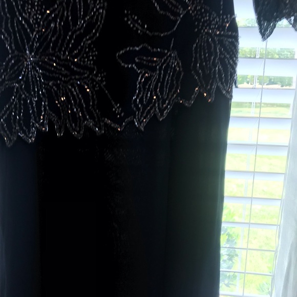 Long navy evening gown with sheer beaded overlay and sheer short jacket - Picture 3 of 8